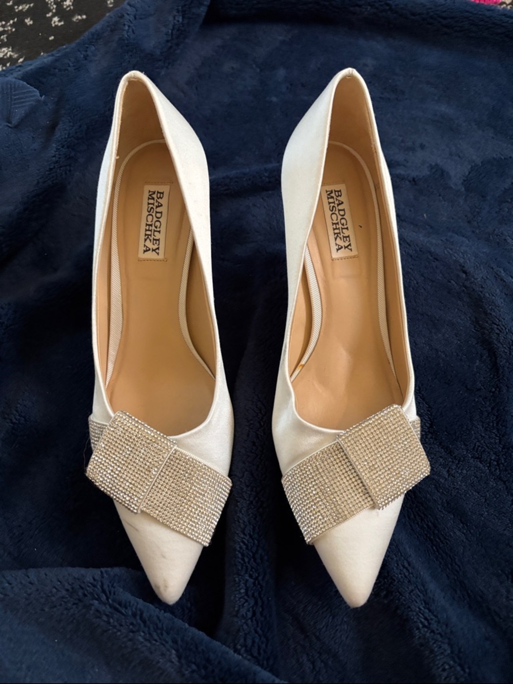 Badgley Mischka Ivory Satin Pointed Pumps with Crystal Bow Accent